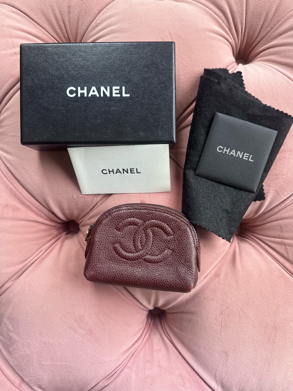 CHANEL Burgundy Caviar Leather Coin Pouch with Embossed CC